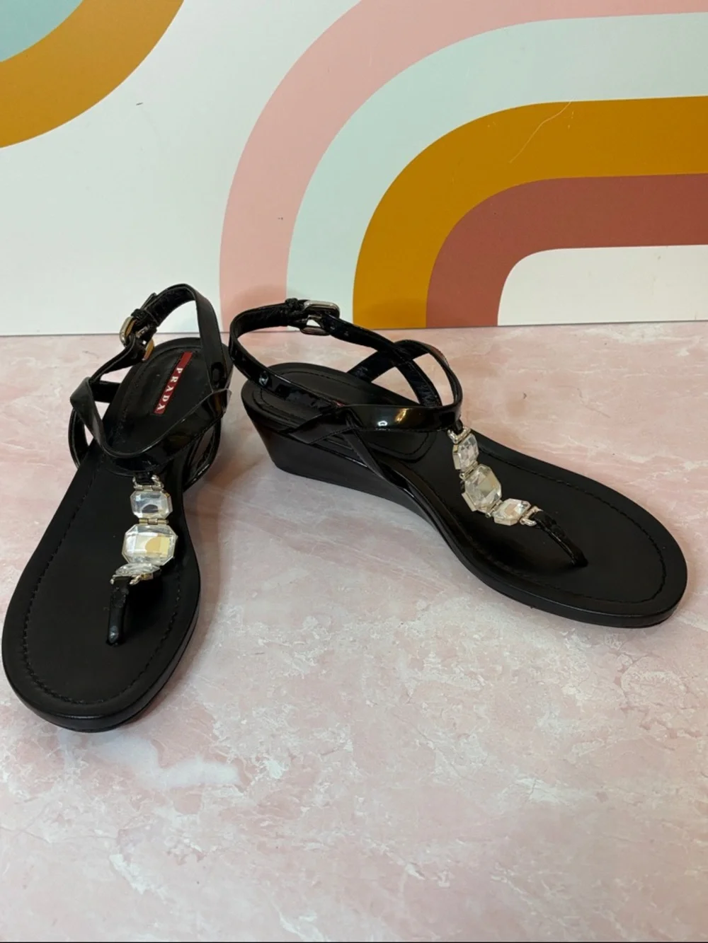 Prada Black Crystal-Embellished T-Strap Wedge Patent Leather Sandals | 37/US7 - Picture 2 of 8